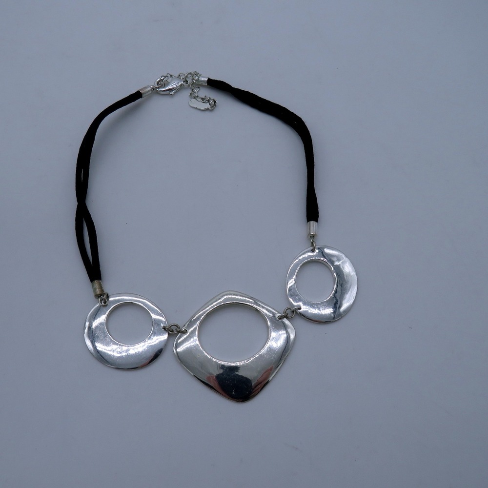 Alfani Silver‎ Tone Geometric Open Link 15" Statement Necklace Black Cord